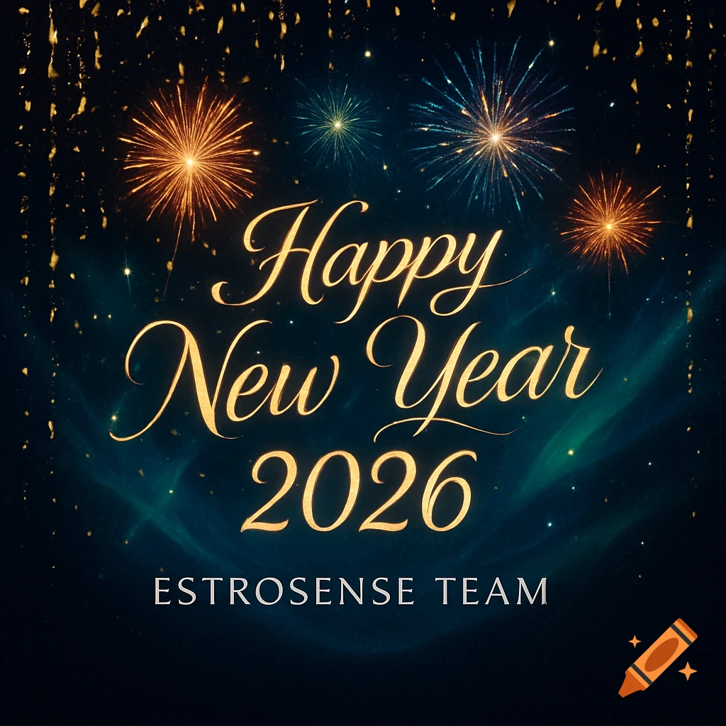 Elegant golden text "Happy New Year 2026 Estrosense Team" with colorful fireworks and golden confetti on a dark blue background.