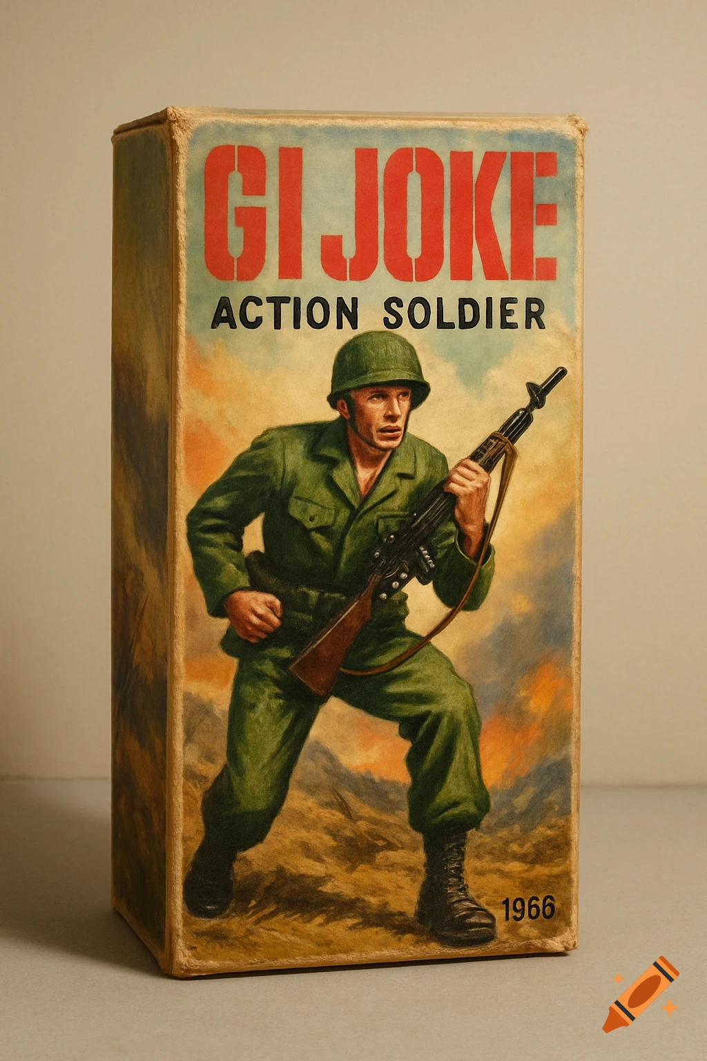 Photorealistic image of a vintage GI Joke Action Soldier toy box from 1966, featuring an illustration of a soldier.