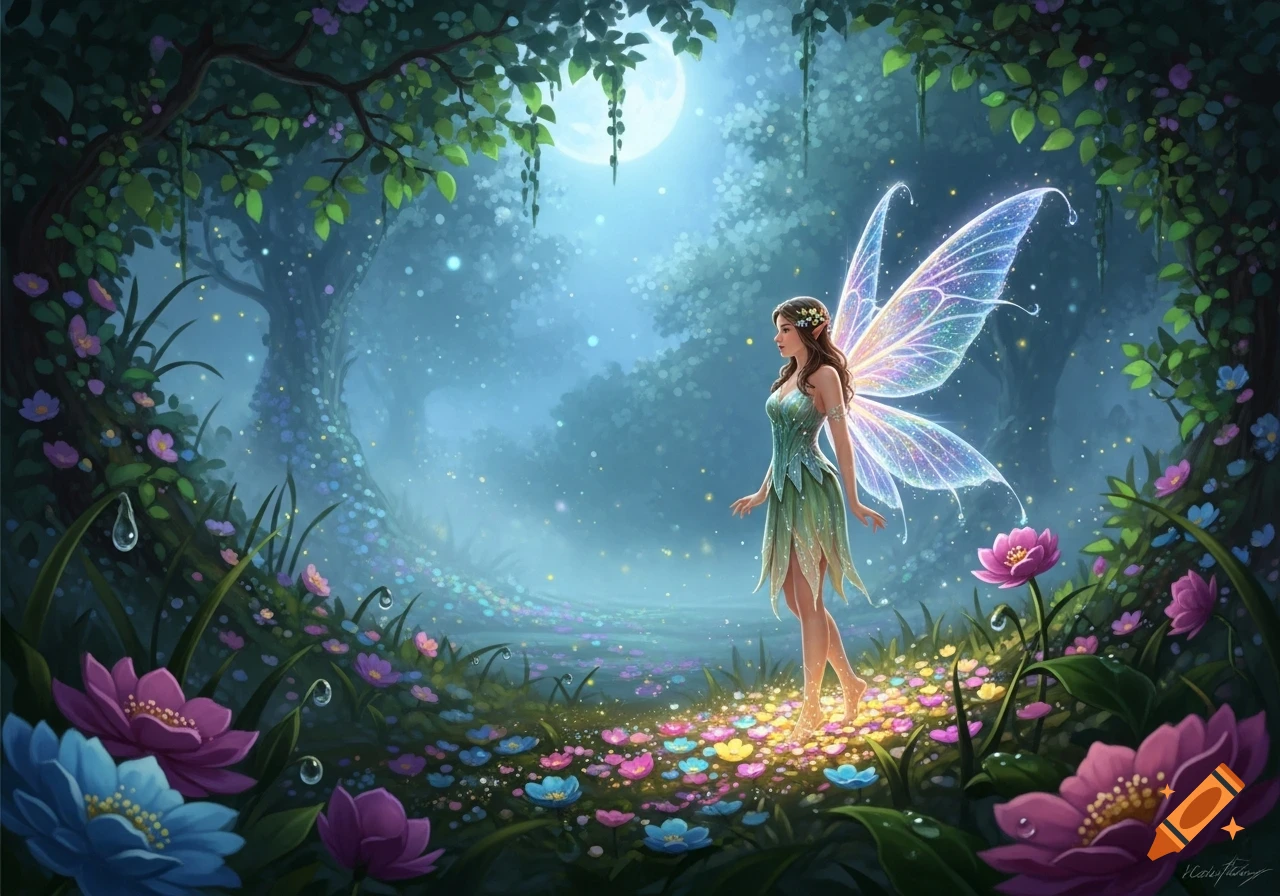 A fantasy art illustration of a fairy with glowing wings standing on sparkling flowers in a misty, moonlit magical forest.