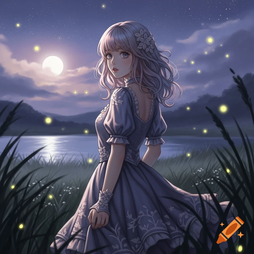 Anime girl in a blue dress by a moonlit lake with fireflies, looking over her shoulder, illustrated style.