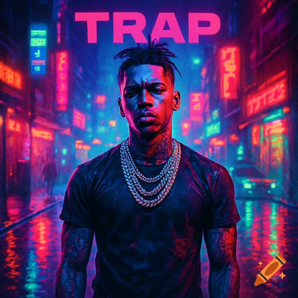 A man with tattoos and gold chains stands in a neon-lit urban street at night, 'TRAP' text above, in a cyberpunk style.