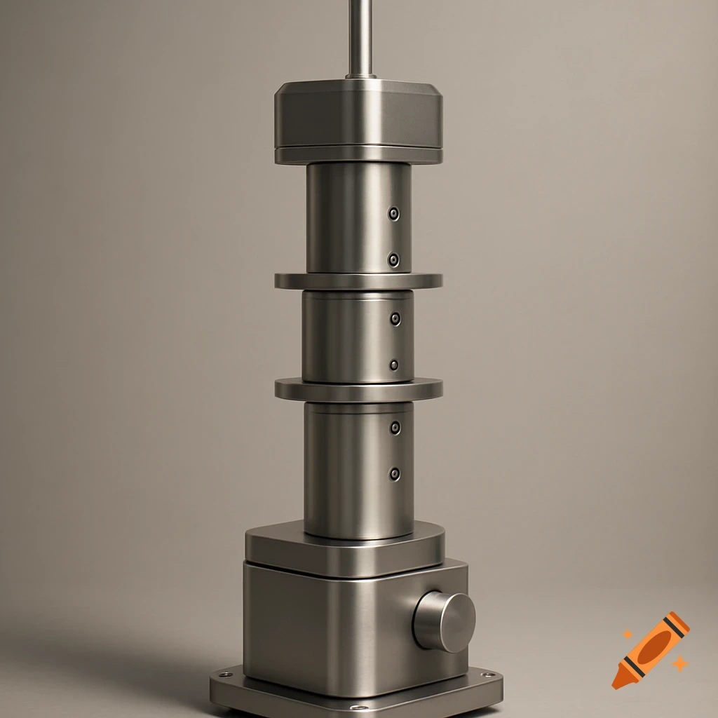 A photorealistic image of a vertical, modular, brushed metal cylindrical experimental device against a neutral background.