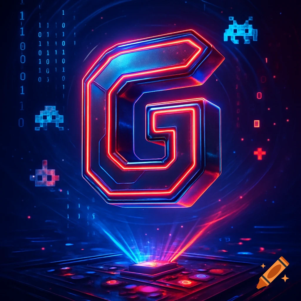 A glowing, futuristic neon letter G in a dark, tech-inspired setting with binary code and pixelated alien characters.