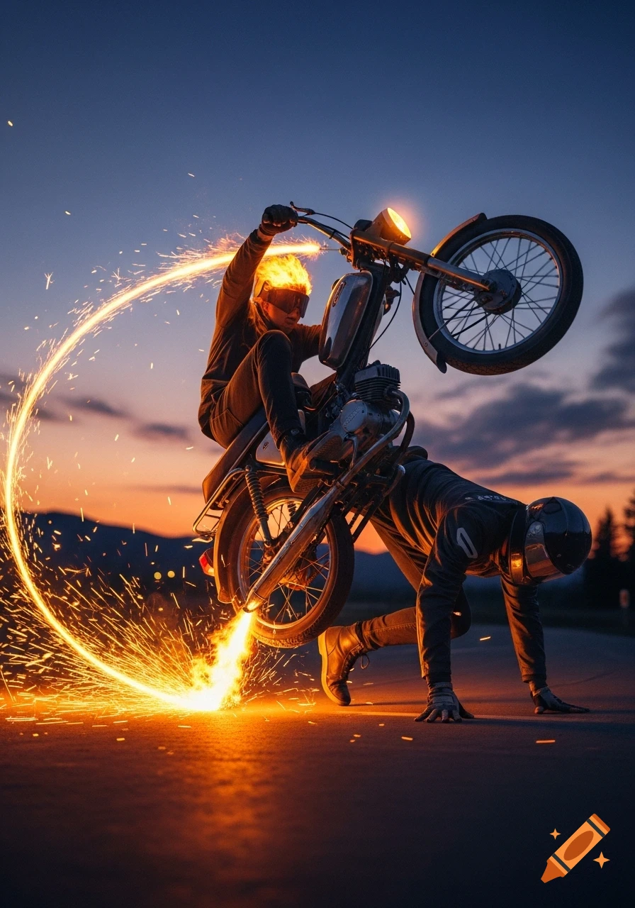 A motorcyclist performs a dramatic, fiery wheelie at sunset, with sparks flying from the rear wheel and exhaust, as another person kneels on the road.