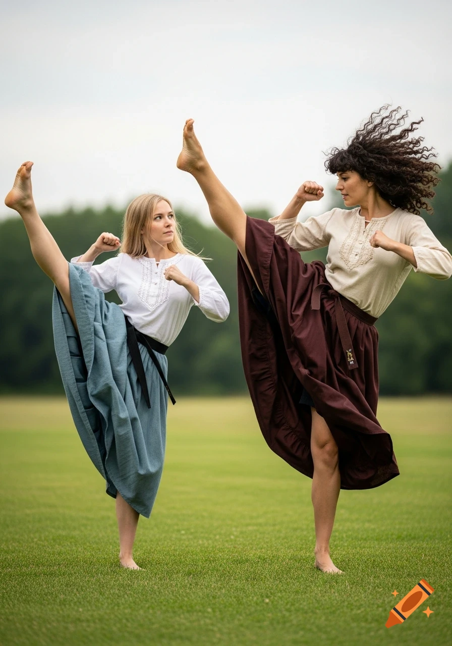 Two barefoot women in 19th-century-style skirts perform high kicks on a grassy field under a cloudy sky.