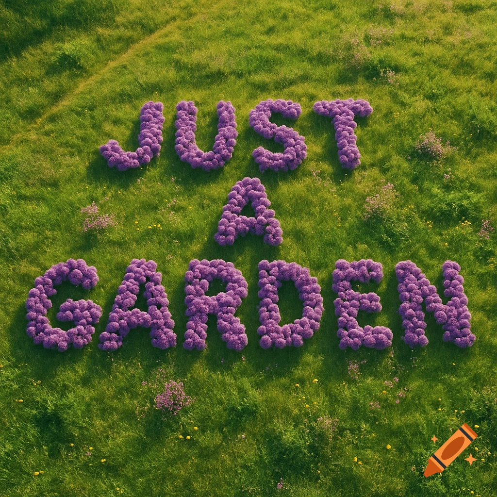 Aerial view of "Just a Garden" spelled out in purple flowers on a green grassy hill.