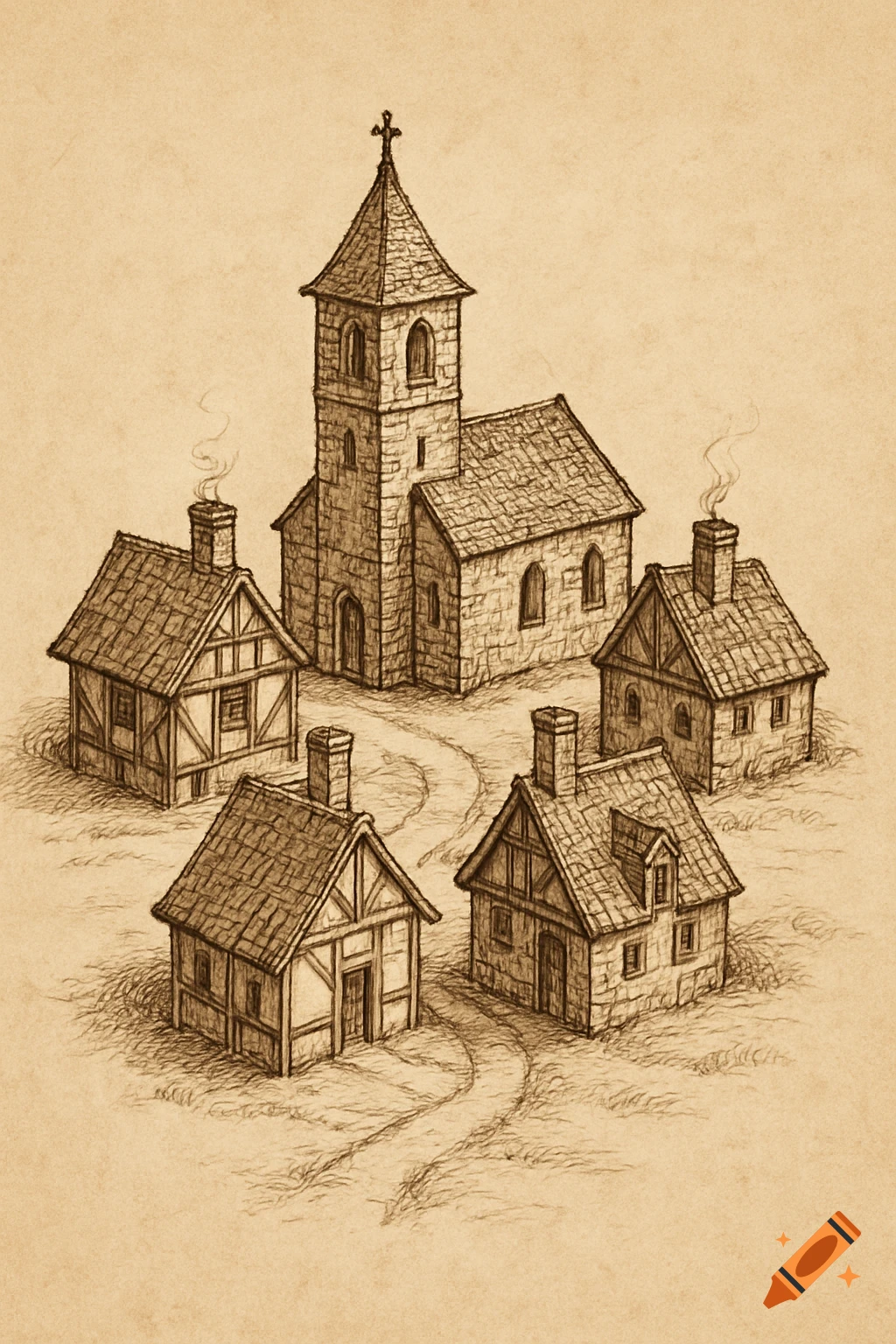 A sepia-toned ink sketch of a medieval village with a central church and five small houses, resembling a treasure map illustration.