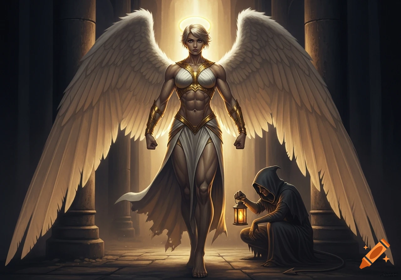 A powerful, winged guardian angel stands bathed in light next to a hunched, hooded figure with a lantern in a dark fantasy setting.