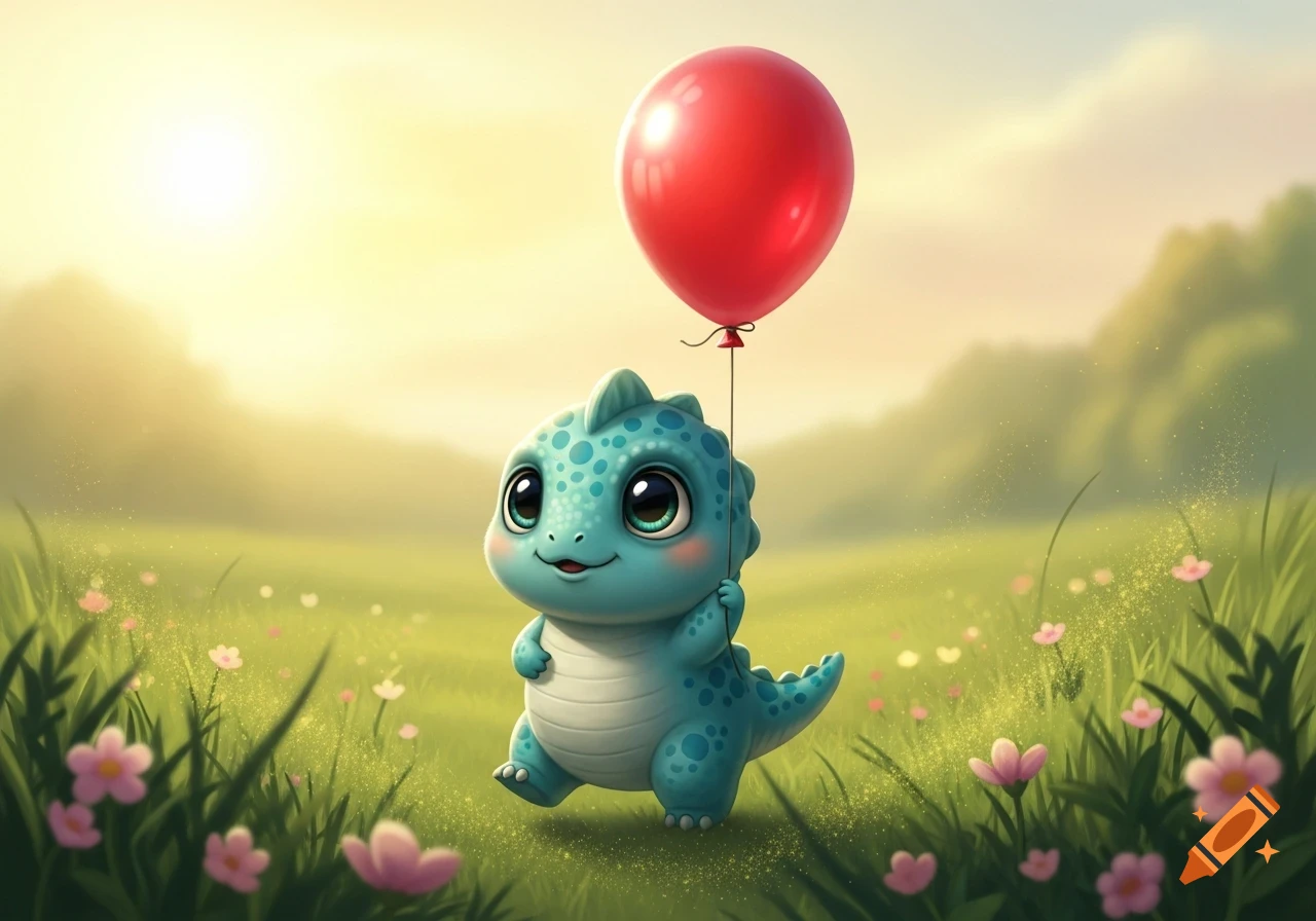 A cute light blue baby dinosaur with green spots walks through a sunny green field, holding a red helium balloon.