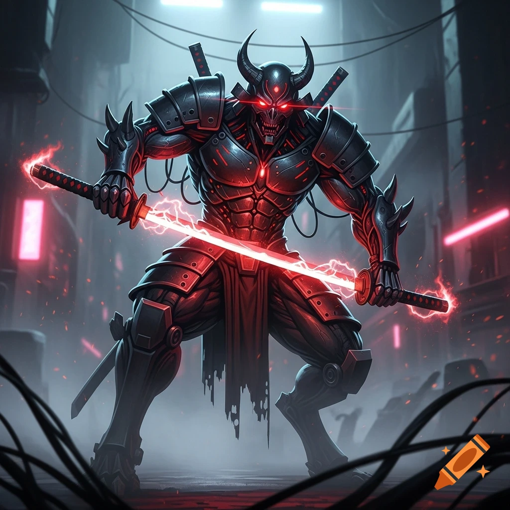 A cybernetic demon samurai with glowing red eyes and armor holds a luminous red katana in a dark, cyberpunk city.