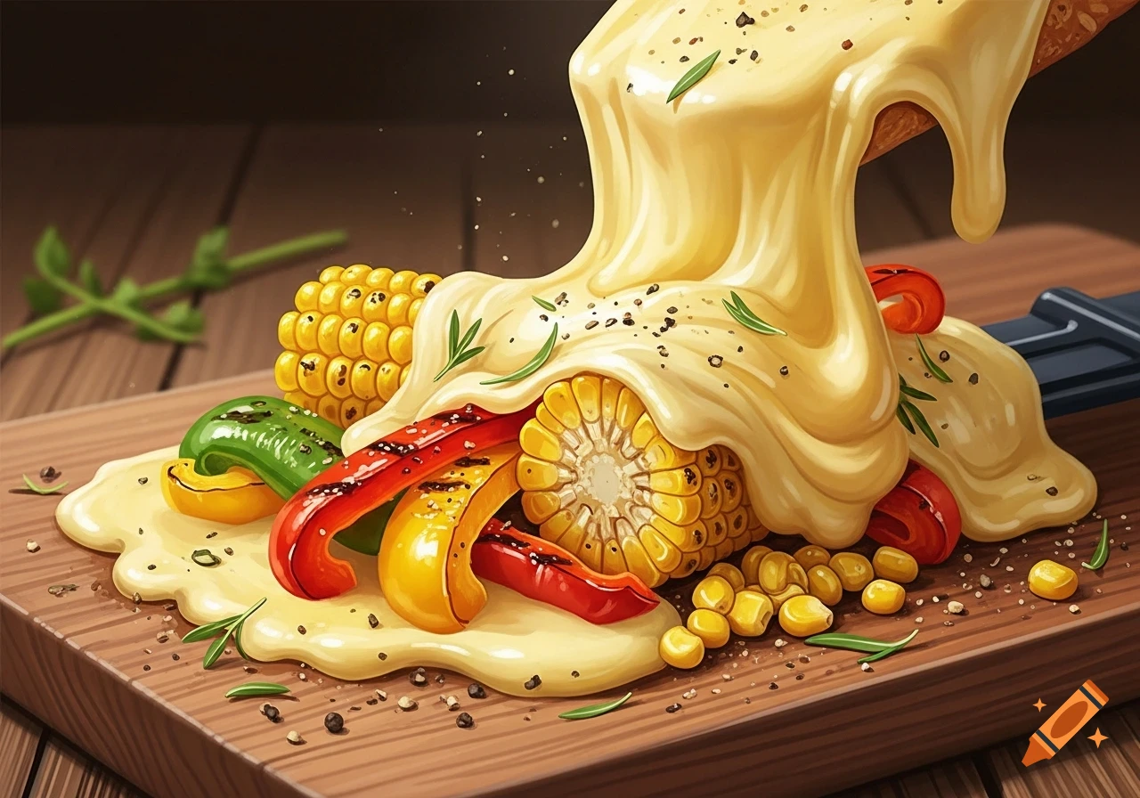 Melted cheese pouring over grilled corn on the cob and colorful bell peppers on a wooden board, garnished with herbs.