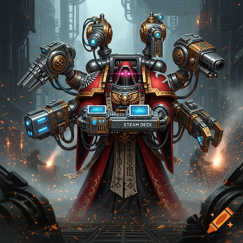 An imposing Warhammer 40k Tech-Priest with multiple mechanical arms holds a Steam Deck in a sparks-filled industrial setting.