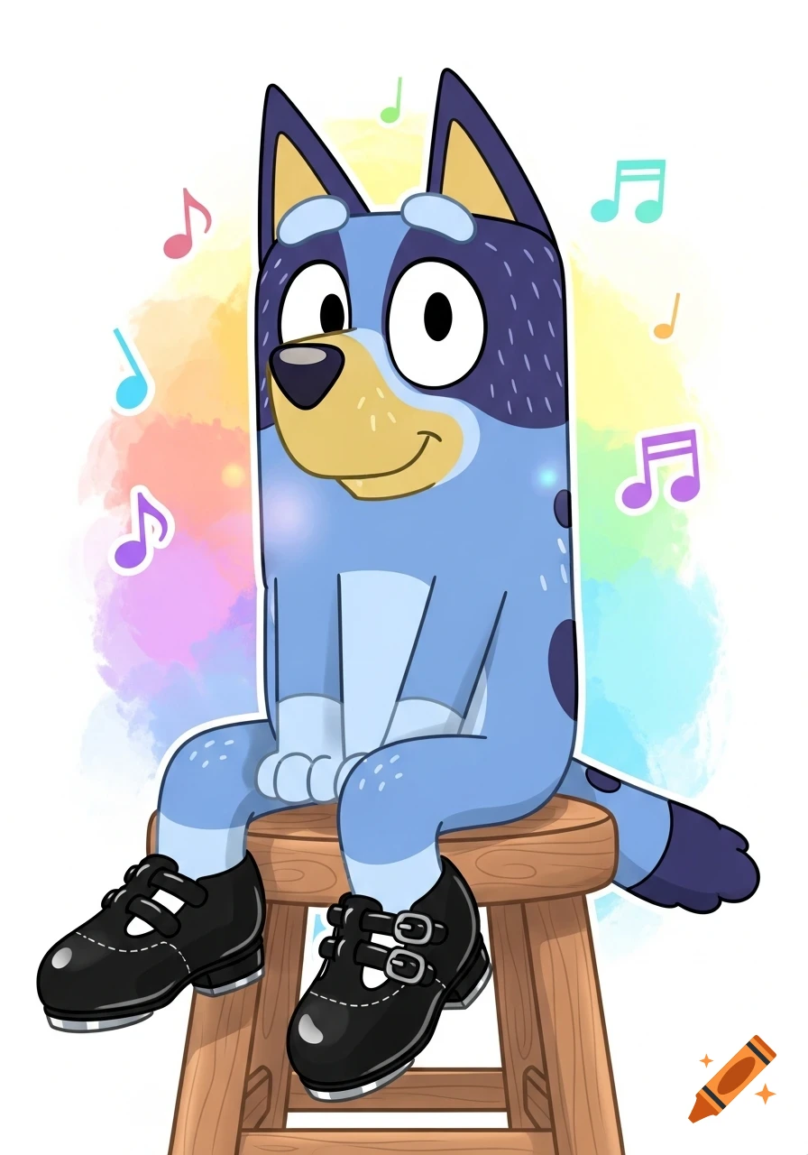 A cartoon blue dog character, Bluey, sits on a wooden stool wearing black Mary Jane tap shoes, surrounded by colorful musical notes.