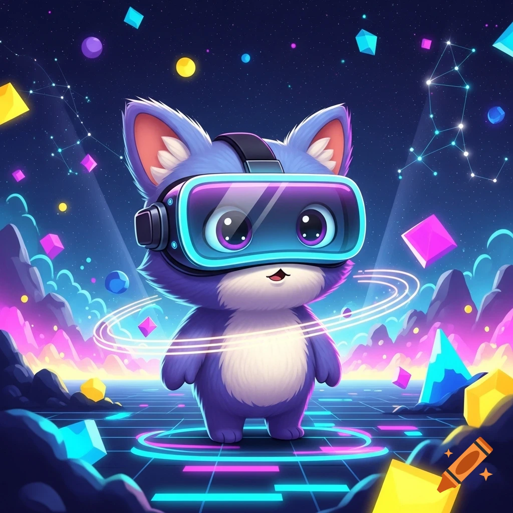 A cute purple cartoon creature with a VR headset stands on a glowing grid in a vibrant, starry, neon-colored virtual world with floating geometric shapes.