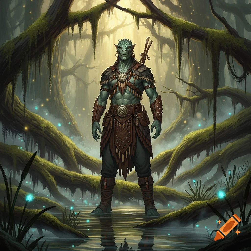 An argonian man in tribal gear stands in a mystical swamp with glowing lights and dense, mossy trees, reflected in the water.