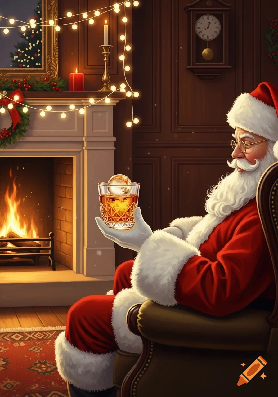 Santa Claus in an armchair by a fireplace with Christmas lights, holding an Old Fashioned cocktail.