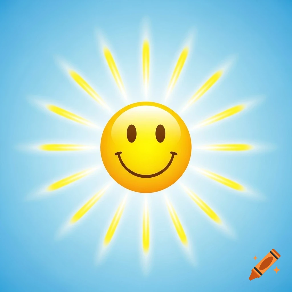 A bright yellow smiley face emoji with sun rays glowing around it on a light blue background.