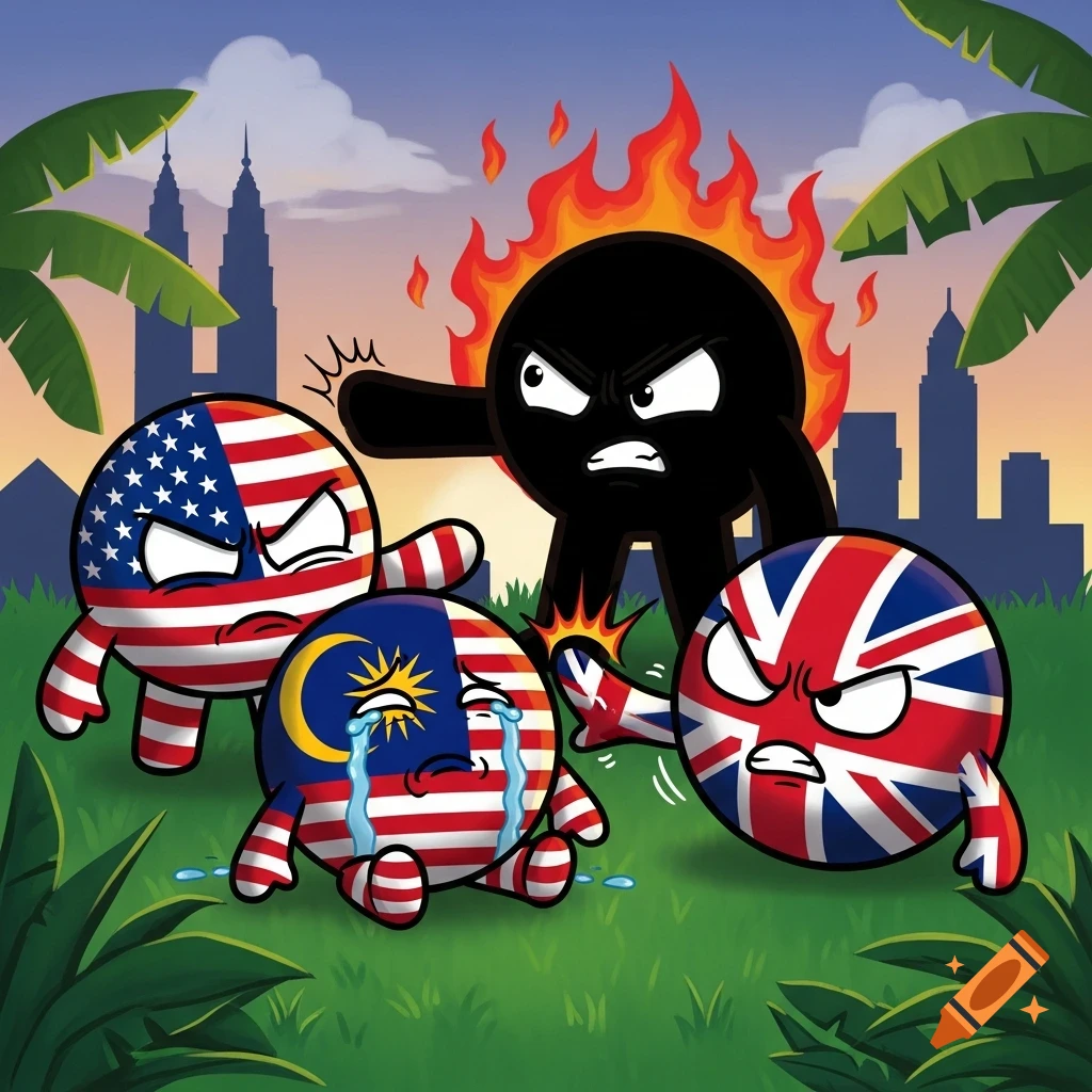 Cartoon countryballs: Crying Malaysia is slapped by an angry UK. An enraged USA ball and a flaming black figure are present, with a city skyline in the background.