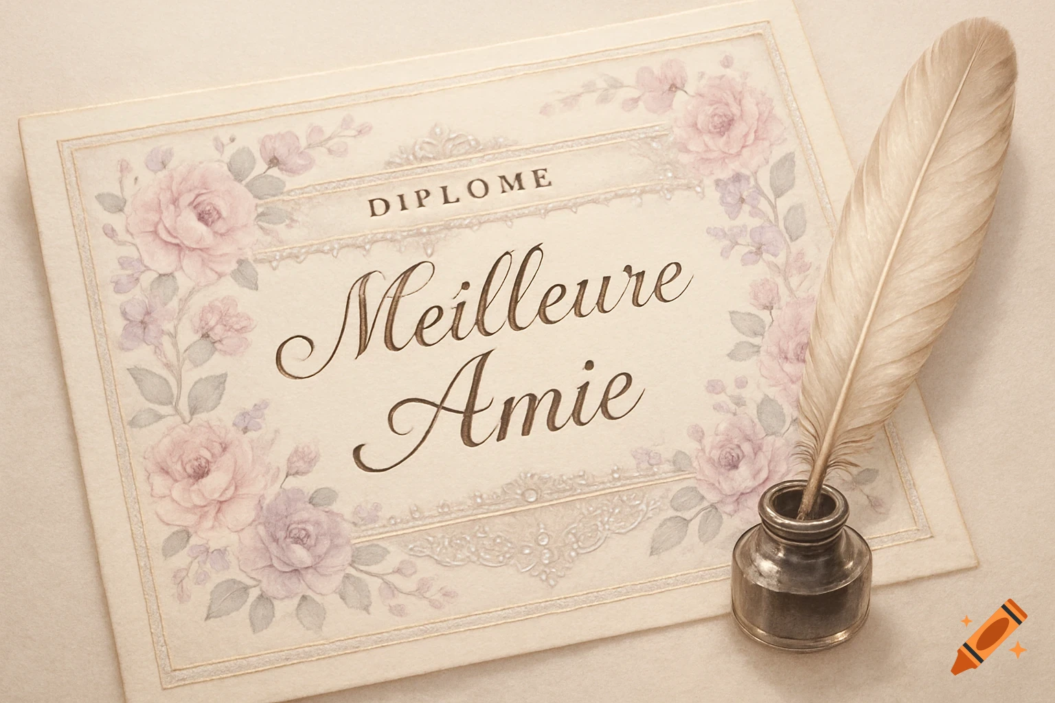 Vintage best friend diploma with pink and purple roses, a quill, and inkwell on a textured background.