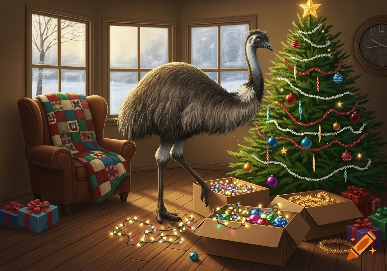 A photorealistic emu stands in a cozy living room, surrounded by Christmas ornaments and a decorated tree, with snowy windows.