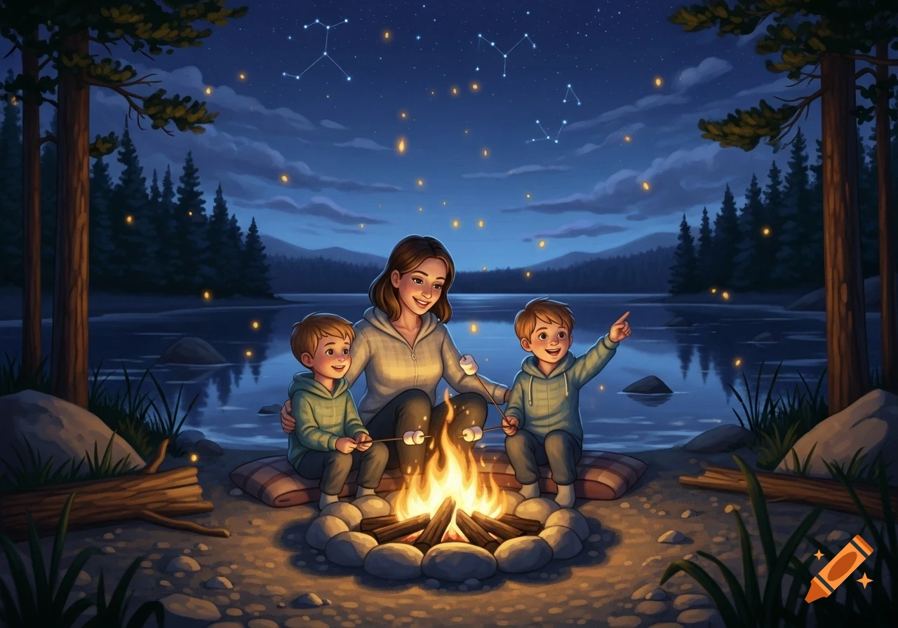 An illustrated scene of a mother and her two sons roasting marshmallows by a campfire next to a lake under a starry night sky.