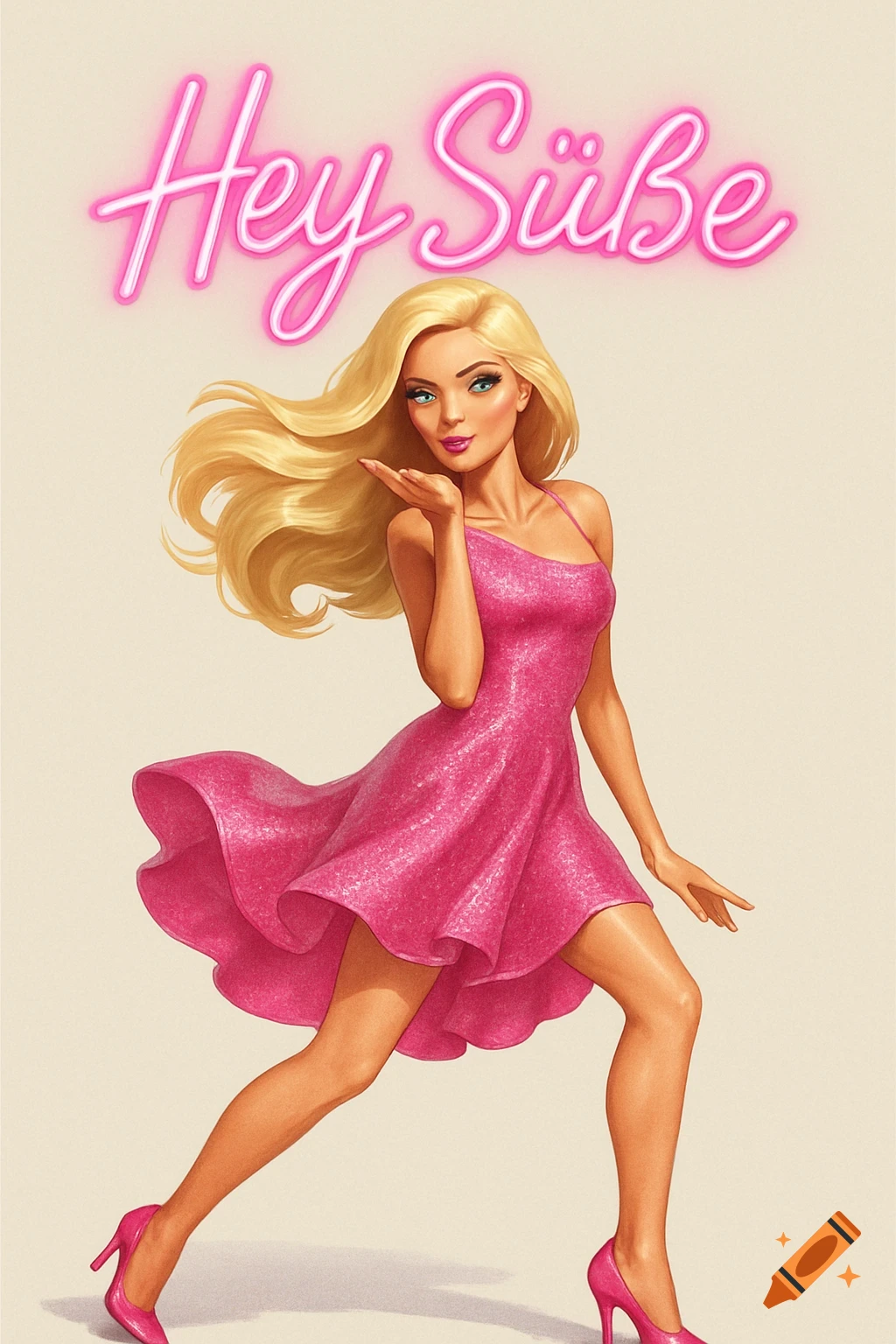Illustrated Barbie doll in a pink sparkly dress and heels, blowing a kiss, with neon pink text 'Hey Süße' above.