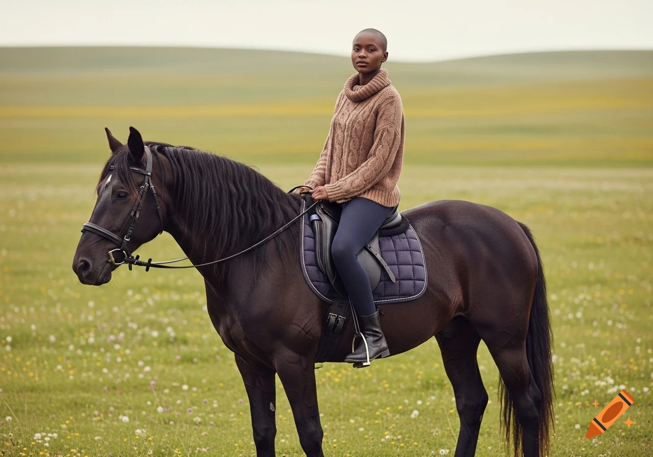 A bald Black woman in a brown sweater and dark leggings rides a dark horse in a green field.