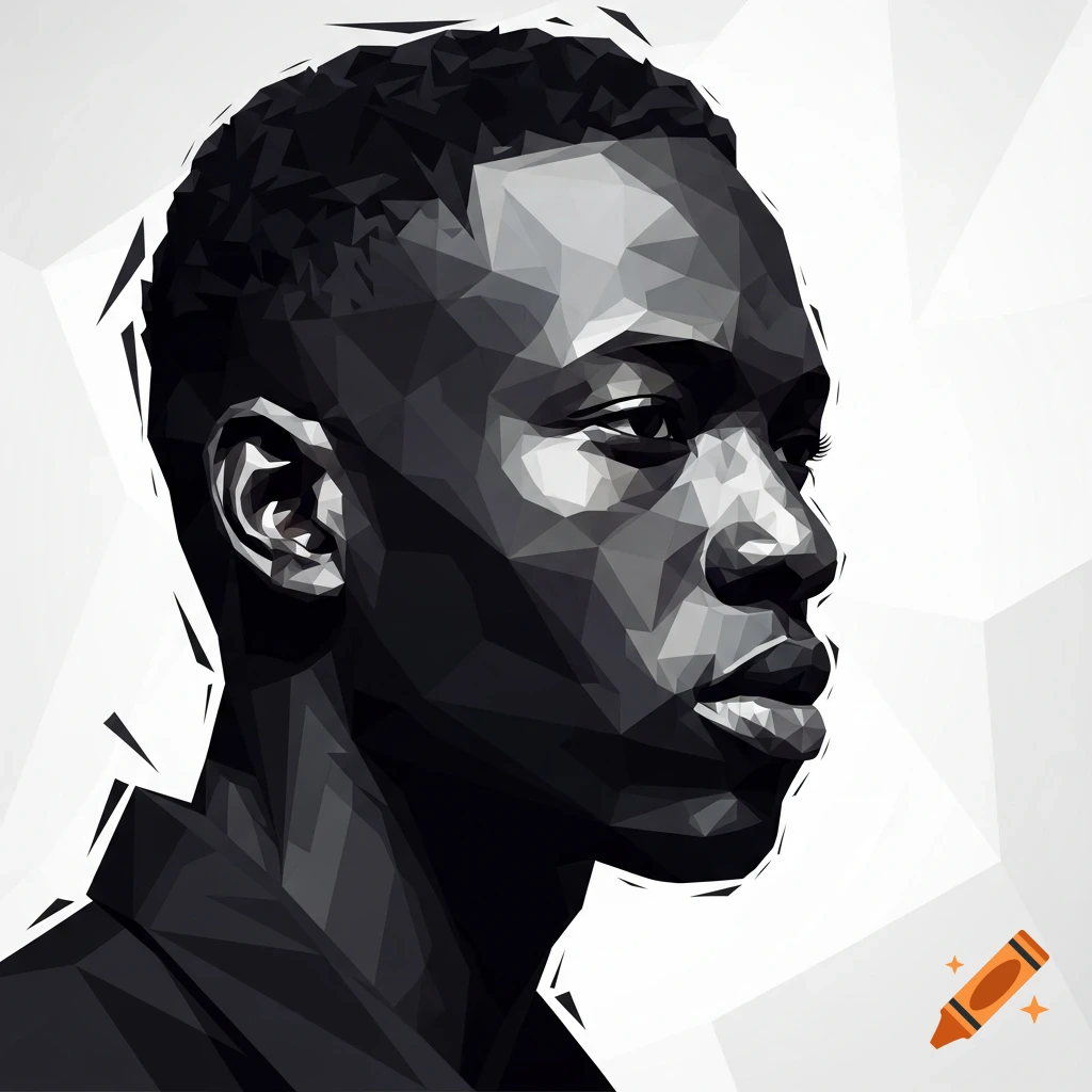 Monochromatic polygonal portrait of an African male in profile, looking right.
