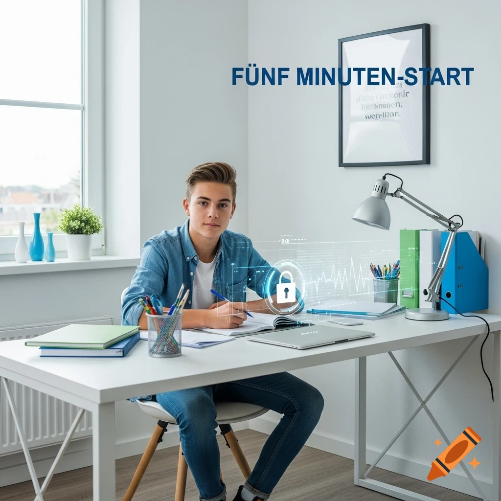 A young man studies at a white desk with books and a lamp, showing 'FÜNF MINUTEN-START' text and a digital lock overlay.