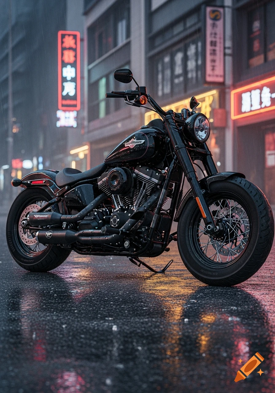 A black motorcycle parked on a wet, rainy city street at night, with neon signs reflecting in puddles.