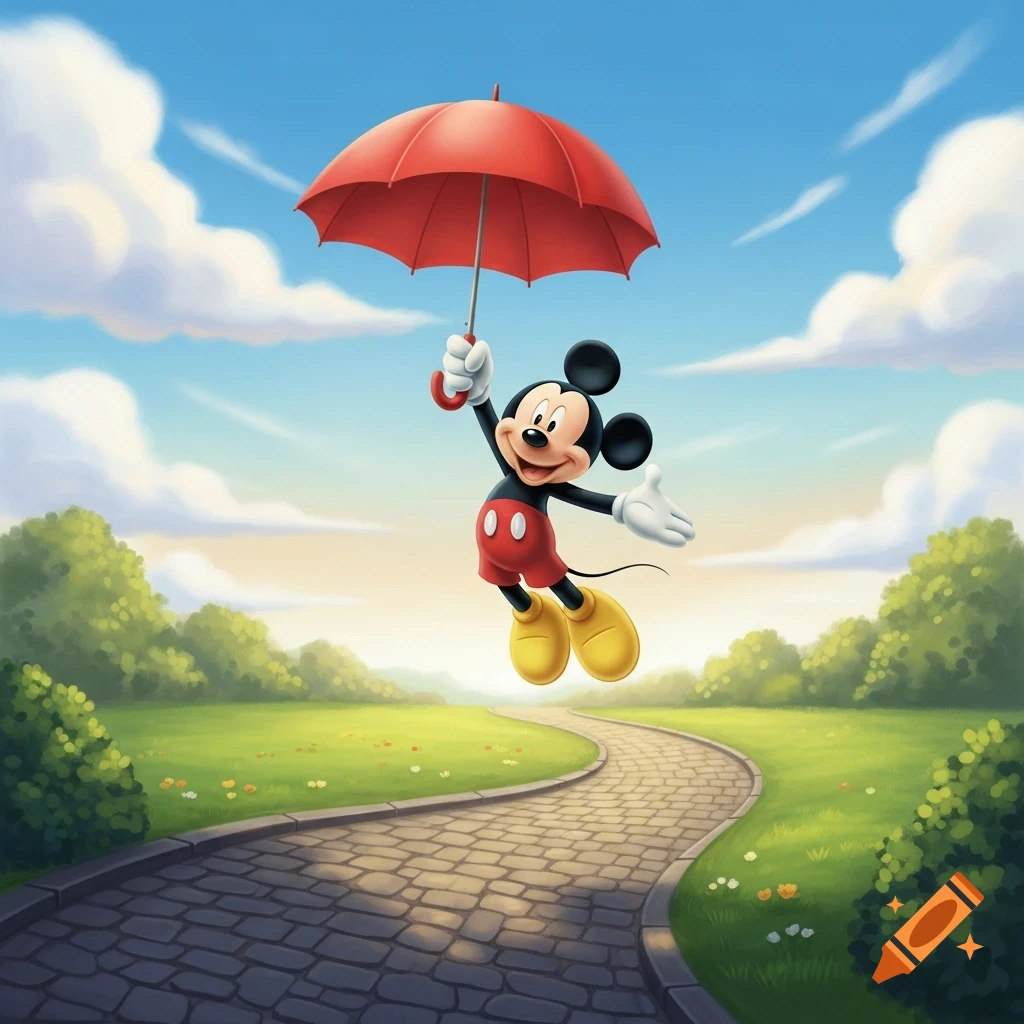 Mickey Mouse flies high holding a red umbrella over a winding cobblestone path in a green park under a blue, cloudy sky, in a cartoon style.