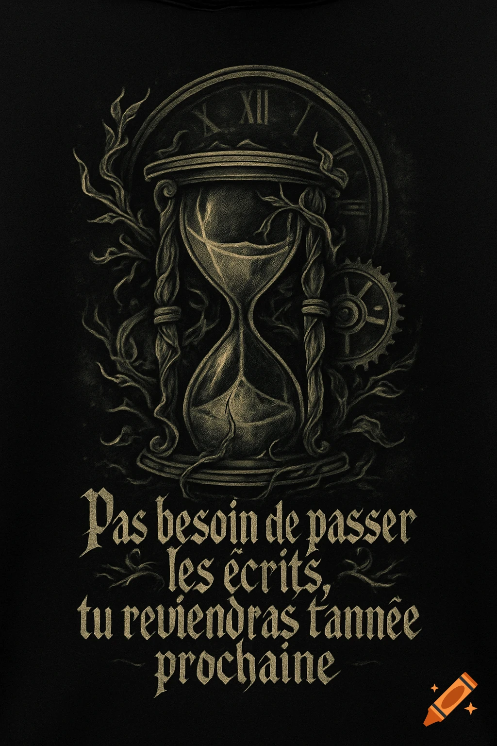 Dark, stylized illustration of an hourglass entwined with vines, a clock face, and a gear, with French text below.