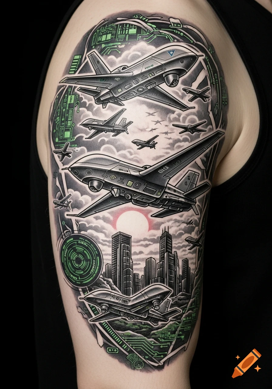 A tattoo on an arm depicting large unmanned drones flying above a cityscape, with neon green circuit board patterns throughout the design.