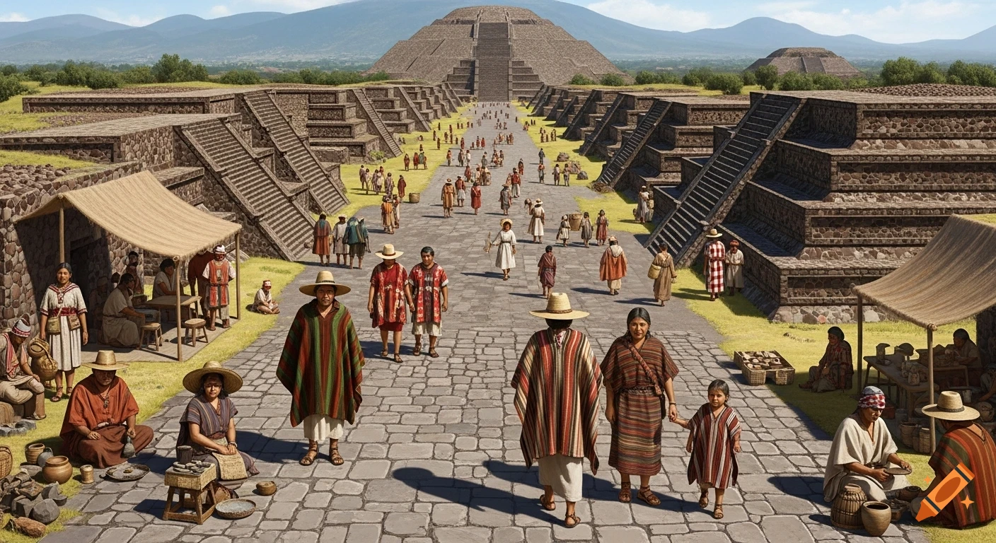 Photorealistic depiction of daily life in ancient Teotihuacan, with people walking and trading on a stone avenue flanked by stepped pyramids.
