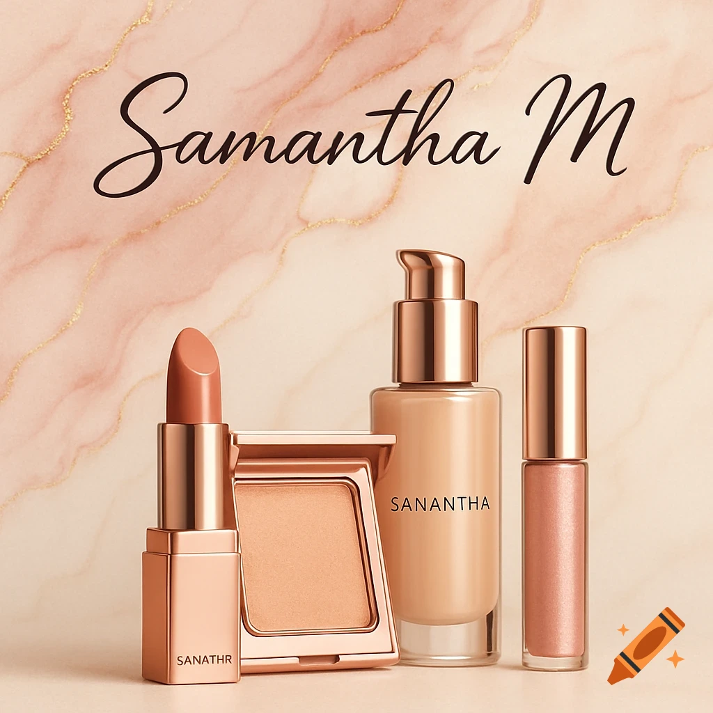 Rose gold cosmetic products including lipstick, foundation, and lip gloss, arranged on a pink marble background with gold veins.