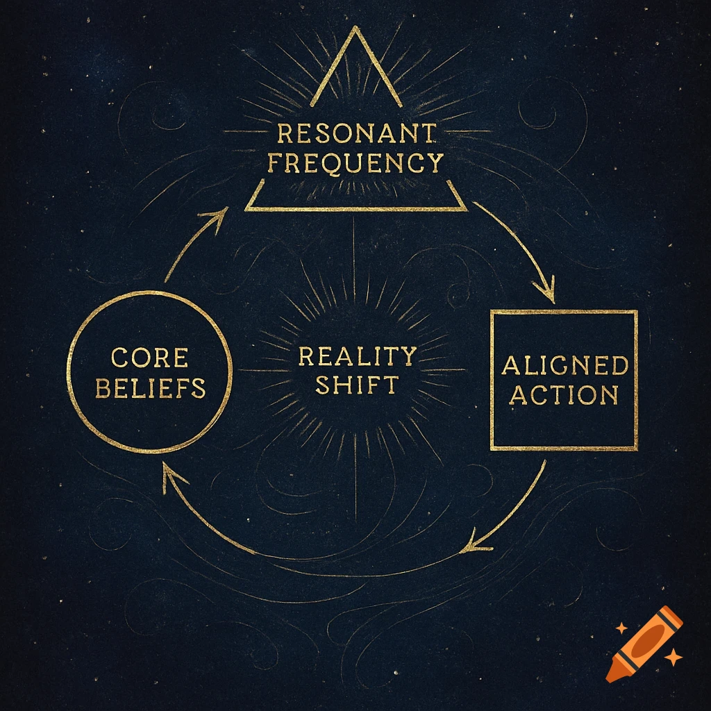 A mystical diagram with gold lines on a dark background, illustrating "Resonant Frequency", "Core Beliefs", "Aligned Action", and "Reality Shift" within a cyclical flow, styled with sacred geometry.