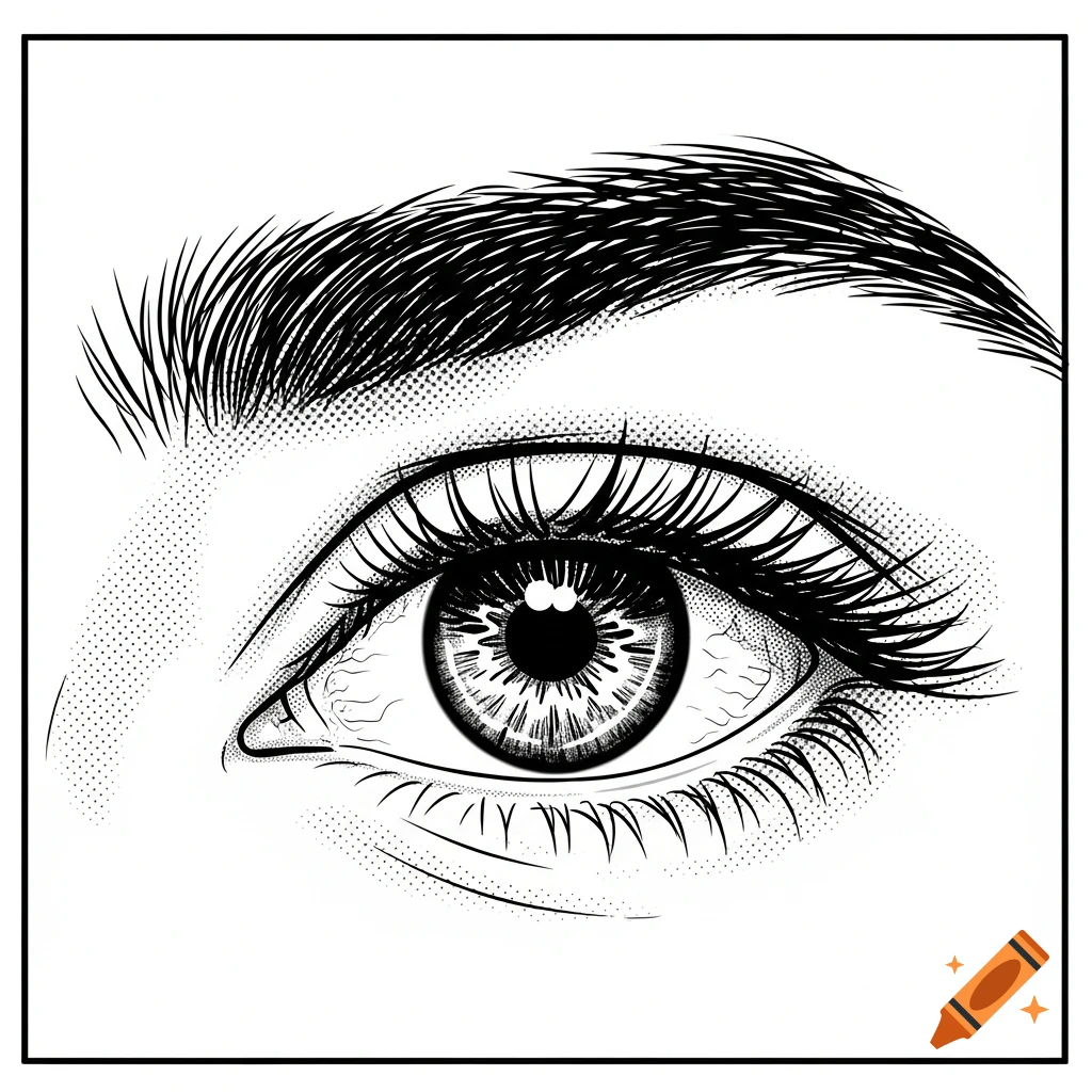 A black and white close-up illustration of a human eye with an eyebrow, featuring a halftone comic art style.