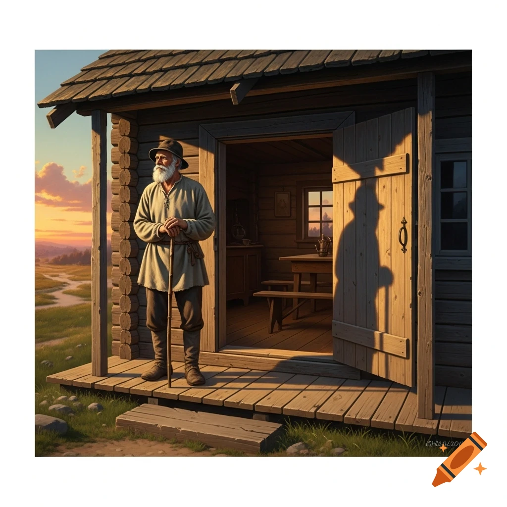 An old man with a white beard stands on a wooden porch outside a cabin at sunset, holding a staff, in a realistic painting.