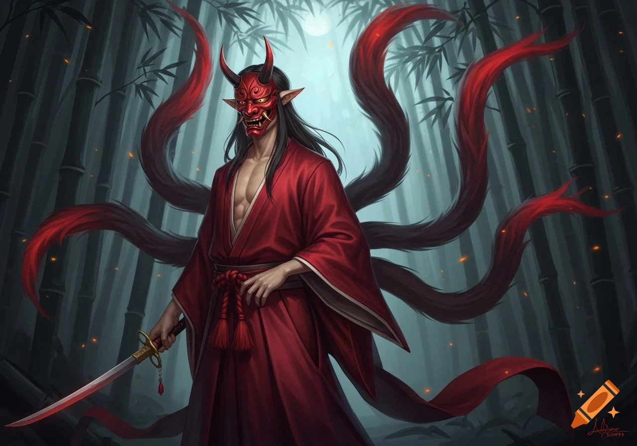 A man in a red kimono and a red oni mask, with long black hair and multiple red tails, holds a sword in a bamboo forest under a full moon.
