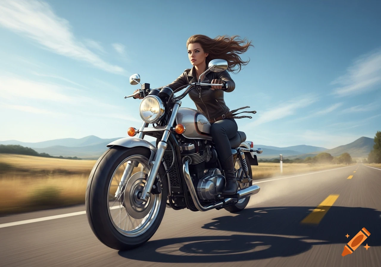 A woman in a leather jacket rides a classic motorbike down a highway, with fields and mountains under a blue sky.
