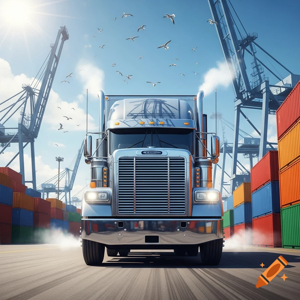 A shiny silver Freightliner truck drives through a bustling shipping port, surrounded by stacks of colorful containers and large cranes under a sunny sky with seagulls flying.