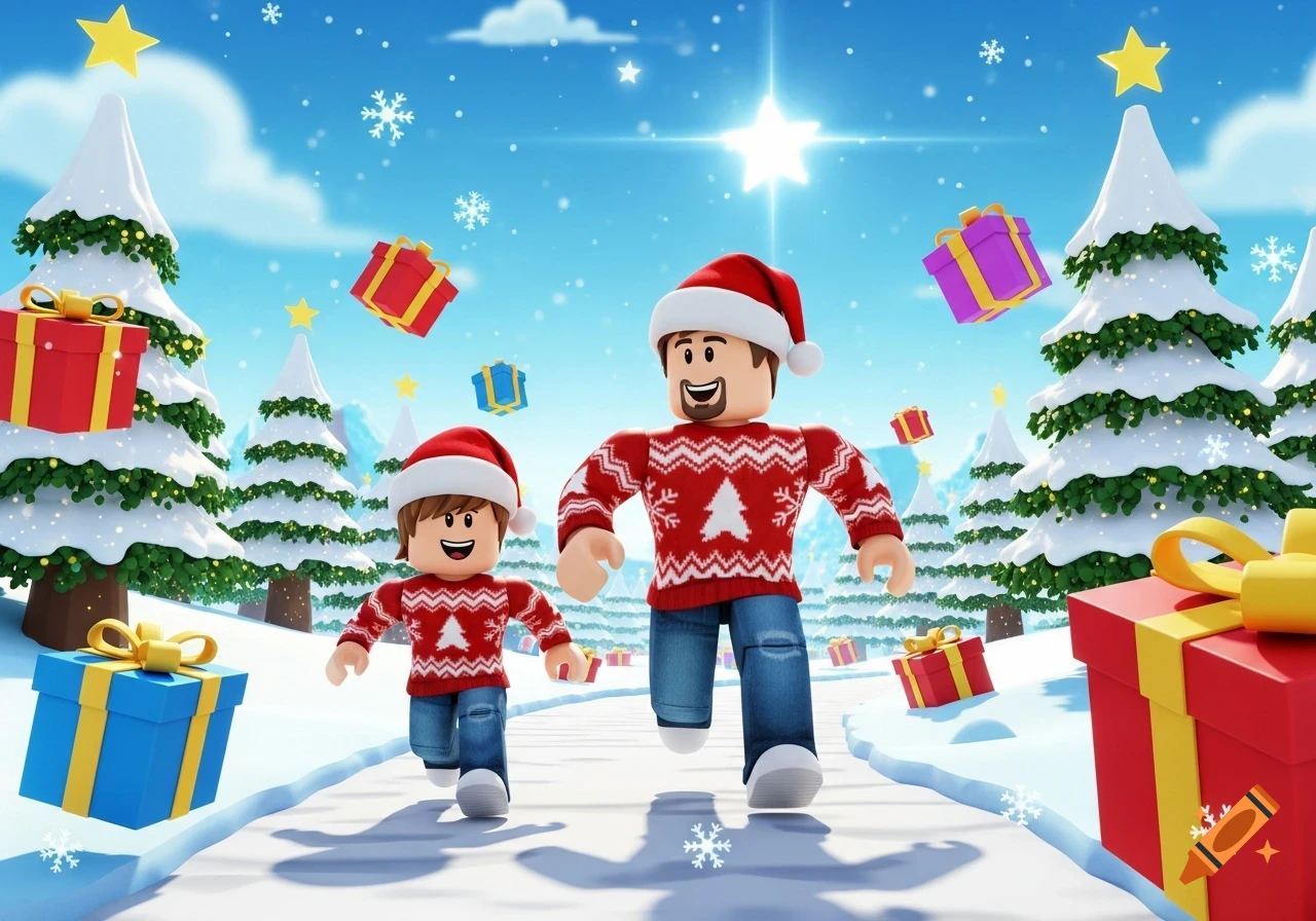 Two Roblox characters, an adult and child in Christmas sweaters, run through a snowy park with trees, presents, and snowflakes.