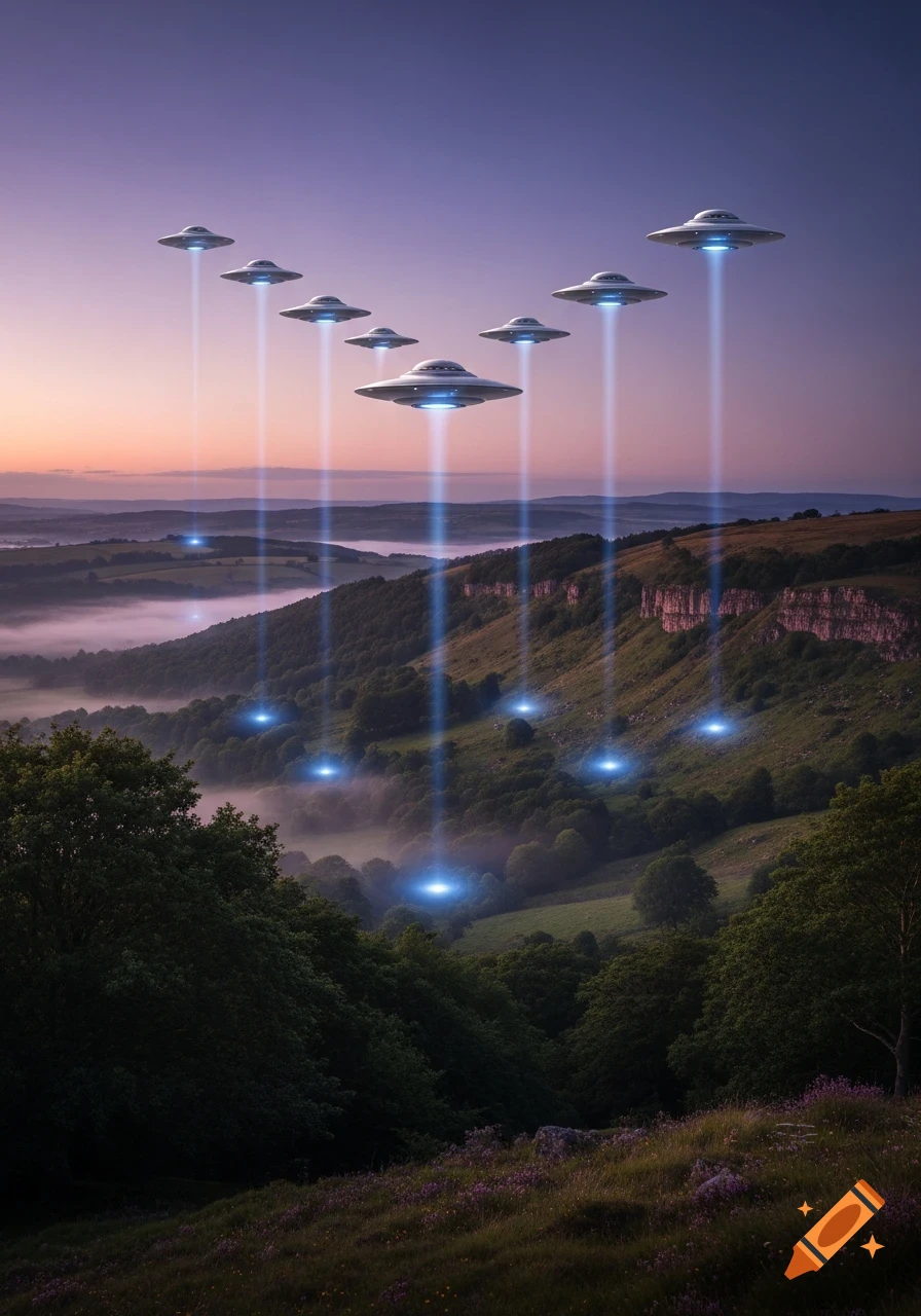 V-formation of UFOs with descending light beams over a misty, green hilly landscape at twilight.