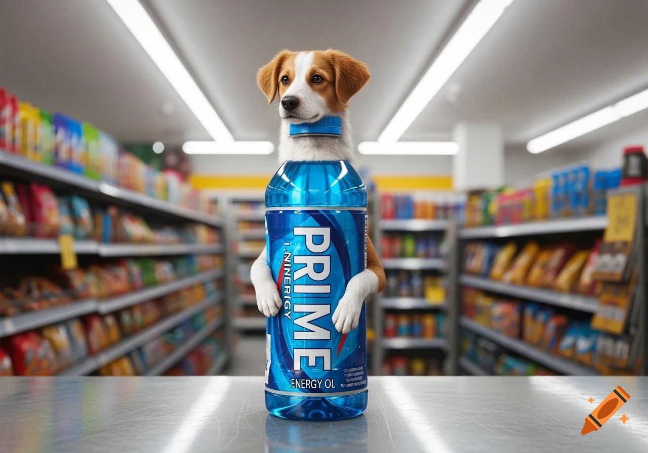 A photorealistic image of a dog's head and paws on a blue energy drink bottle, resembling Prime, on a supermarket counter.