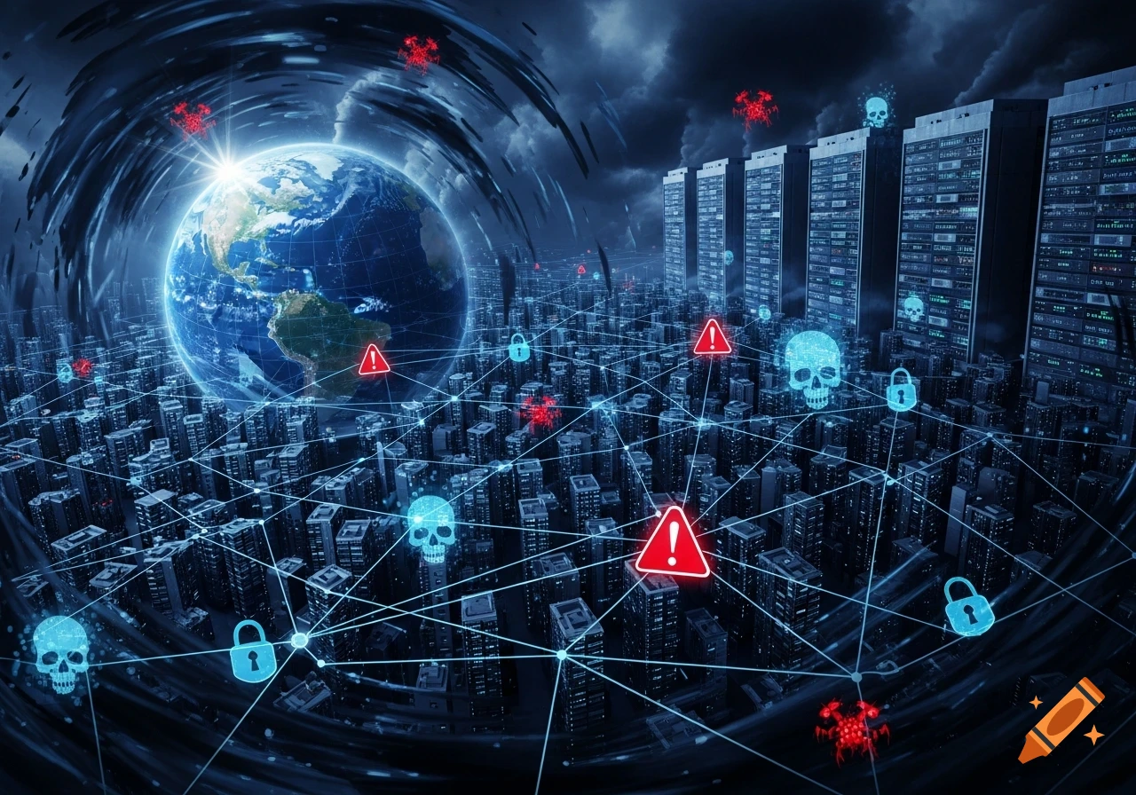 Stylized illustration of Earth globally networked to a city of server farms under a dark sky, with cyber threat symbols like skulls and warning signs.