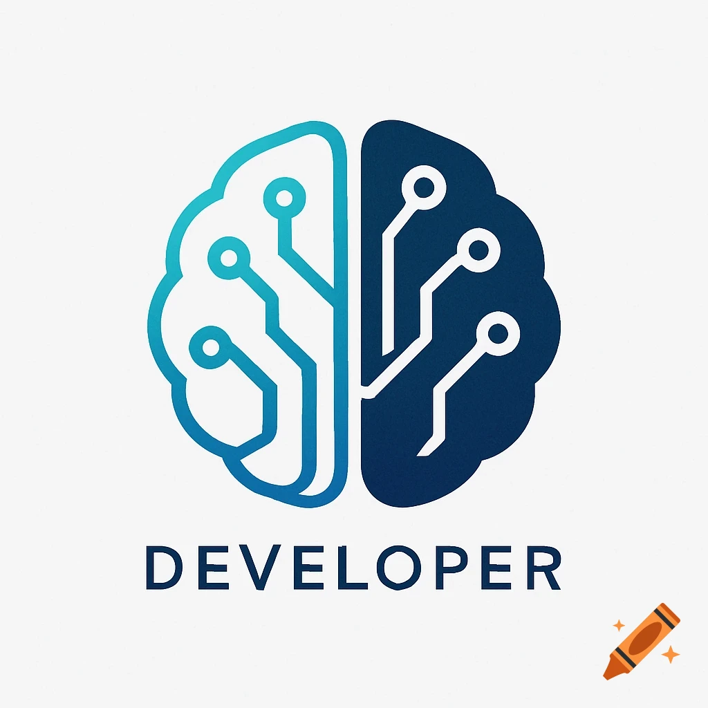 A two-toned blue brain icon stylized with circuit board lines, labeled 'DEVELOPER' below it, against a white background.