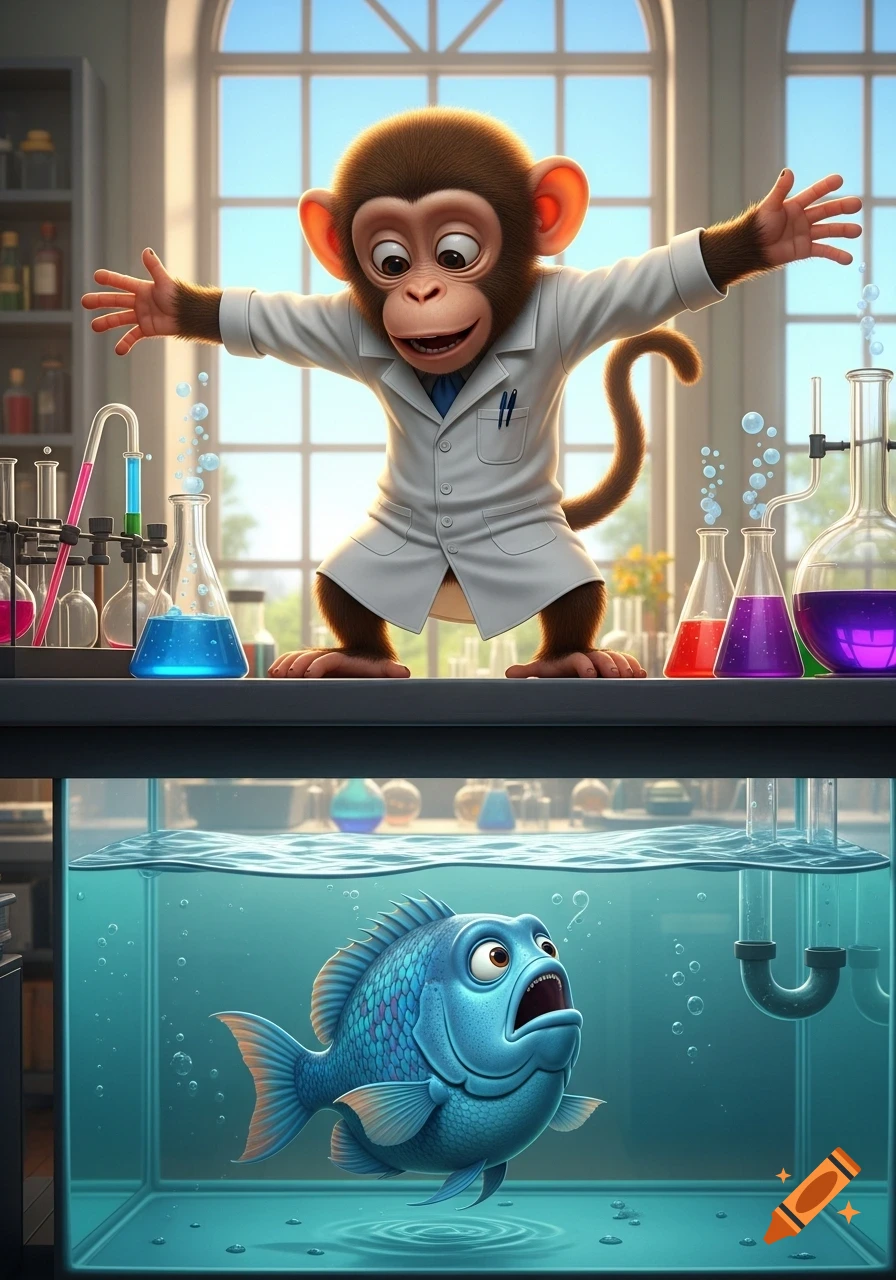 A cartoon monkey in a lab coat enthusiastically stands over a fish in ...