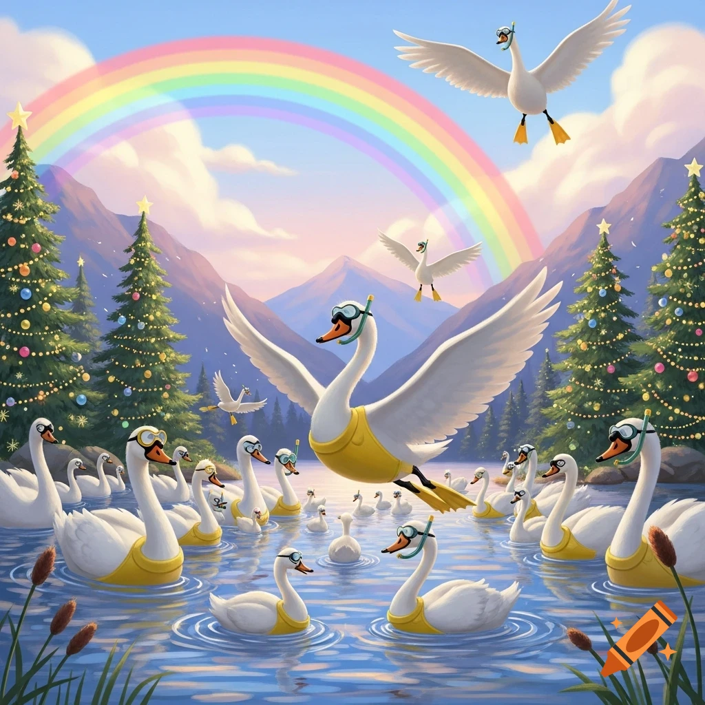 A flock of swans with swim goggles and fins swim in a mountain lake with decorated Christmas trees and a rainbow, in Pixar style.