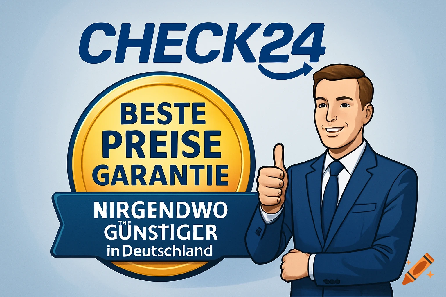 Cartoon man in a blue suit giving a thumbs up next to a gold and blue logo with German text about best prices.