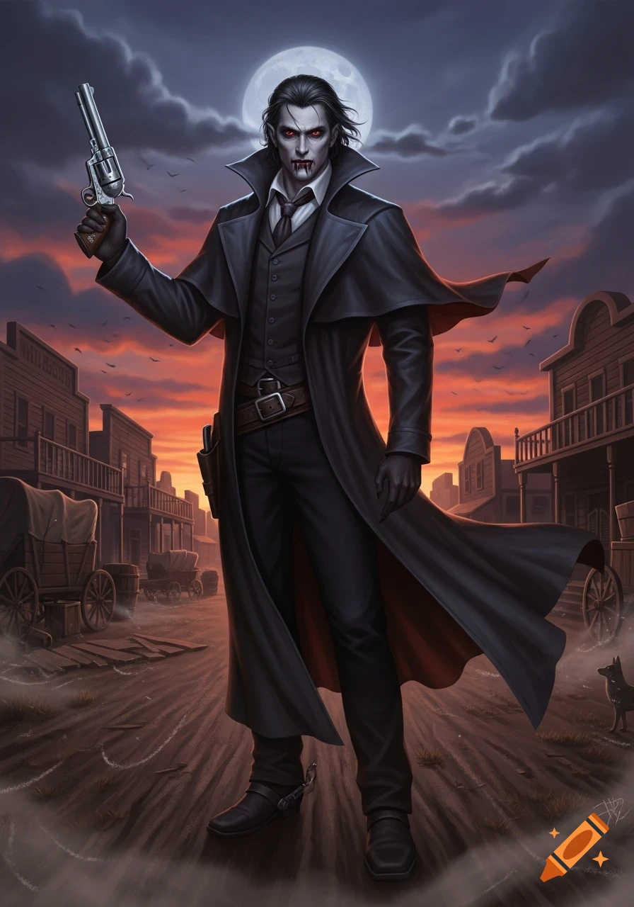 A male vampire with red eyes and blood on his mouth, dressed in a black trench coat, holding a revolver, in a dusty Wild West town at sunset.